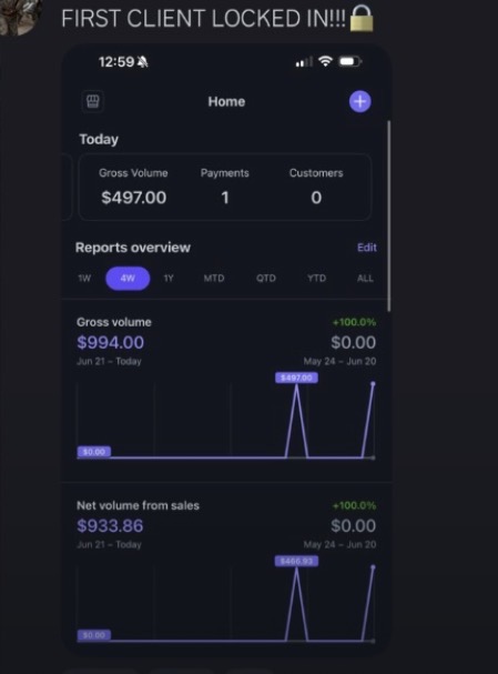 Client win: first client locked in at $497 with payment dashboard shown