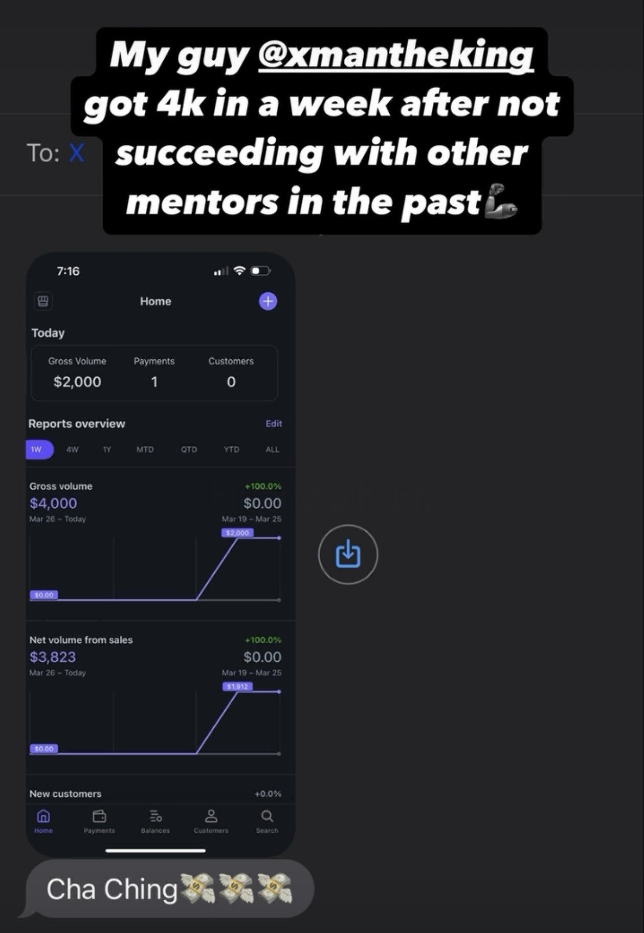 Client win: coach made $4,000 in a week after not succeeding with other mentors, payment dashboard shown