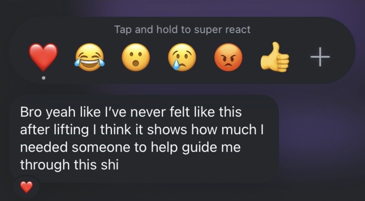 Client message about feeling different after lifting and appreciating guidance