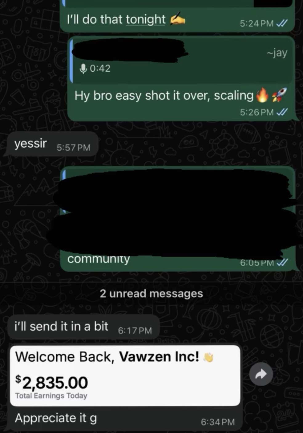 Client win: $2,835 total earnings in one day, scaling message shown
