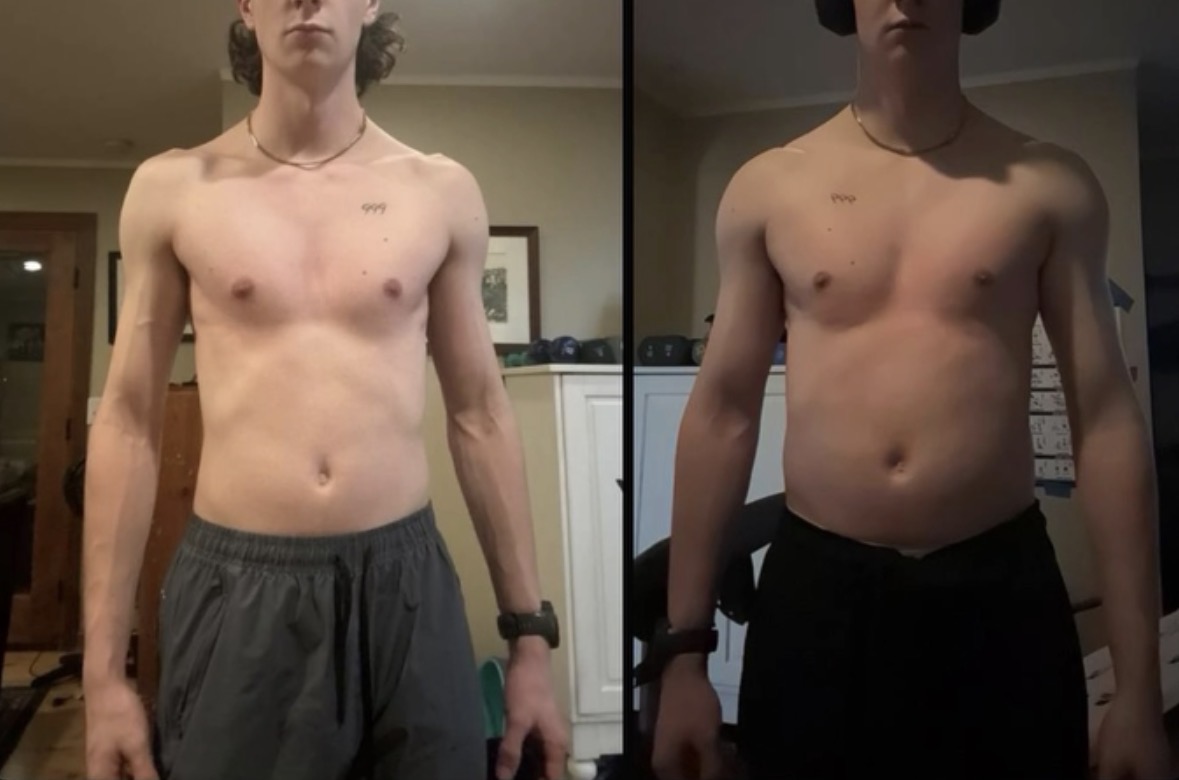 Client physique progress in side-by-side standing photos