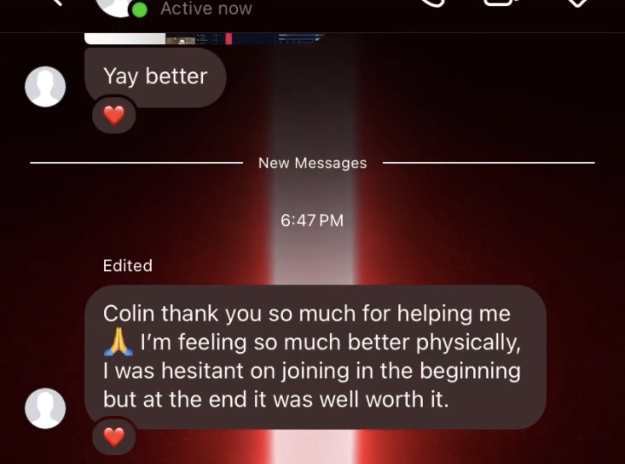 Client thanking Collin, feeling better physically, and saying joining was well worth it