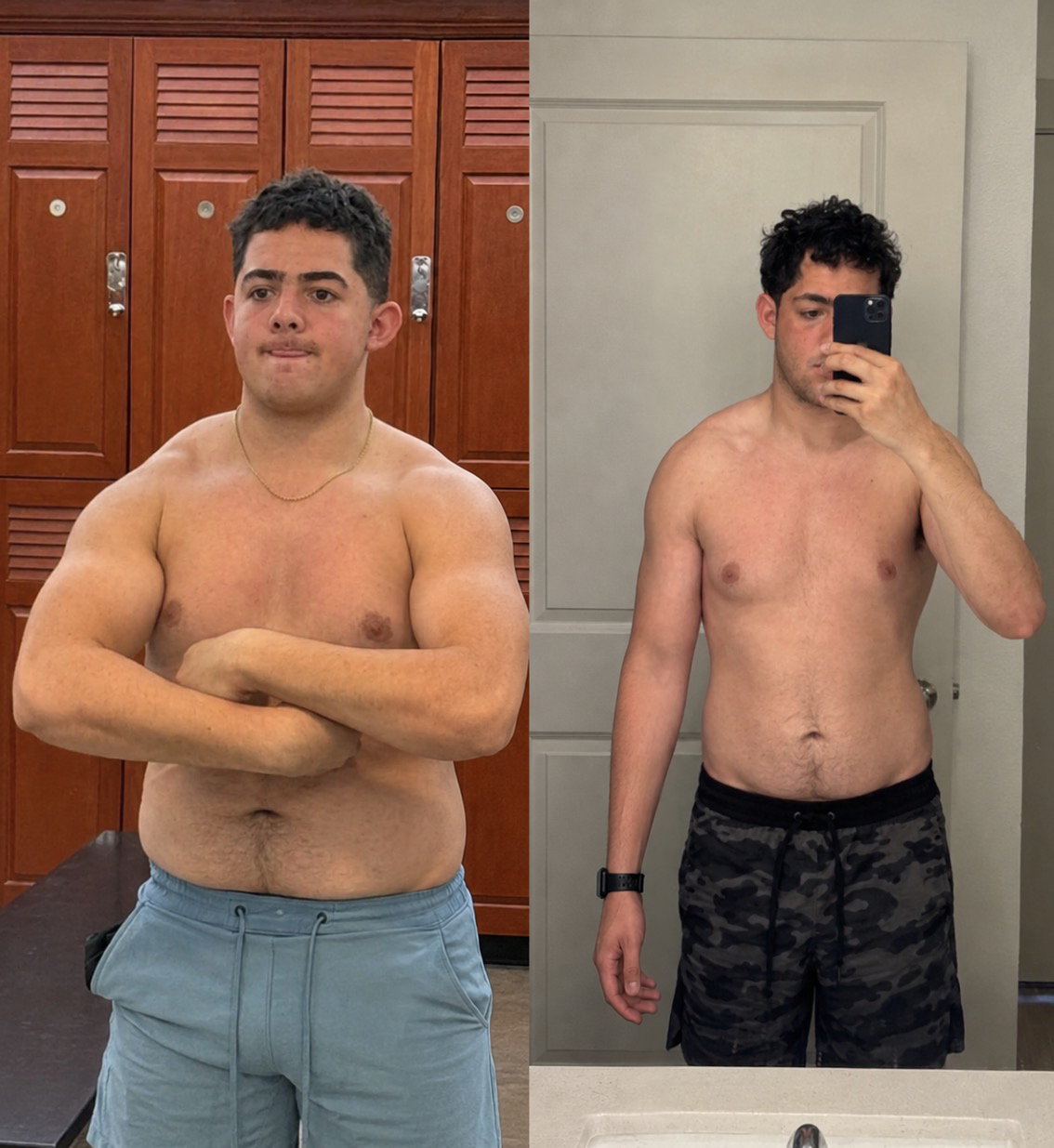 Client transformation: before and after side-by-side photos showing a leaner physique